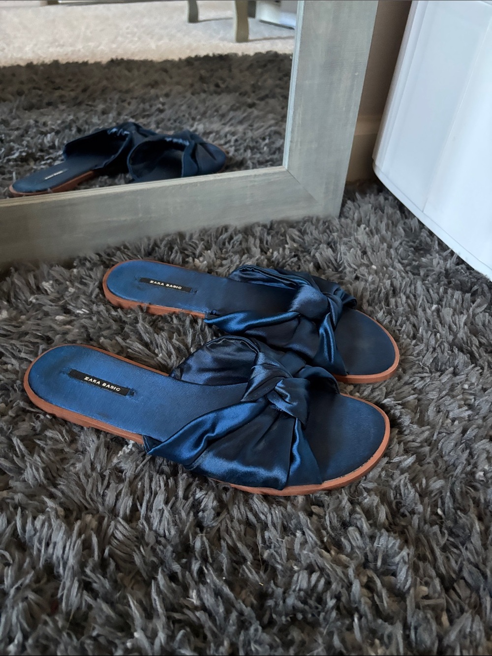 Zara Satin Knot Slide Sandals in Navy Blue